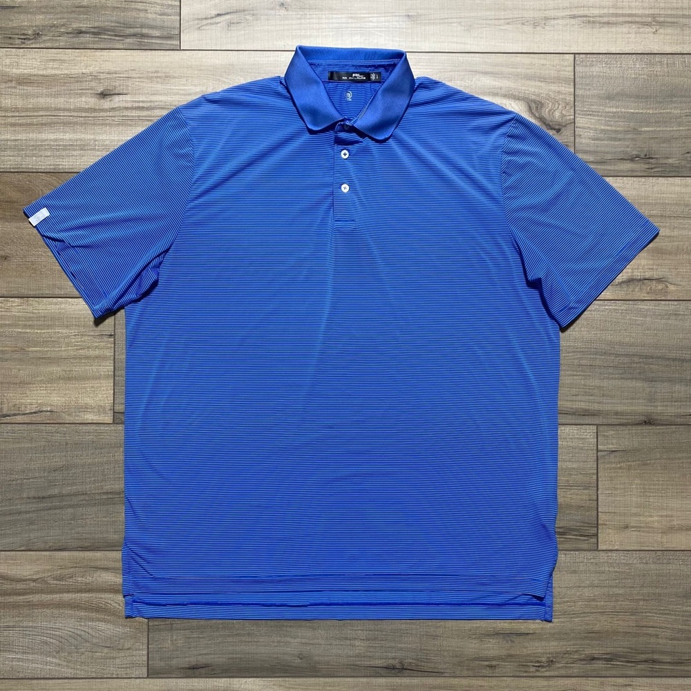 RLX Ralph Lauren Polo Mens Performance Stretch Golf Polo Shirt Large Blue Stripe